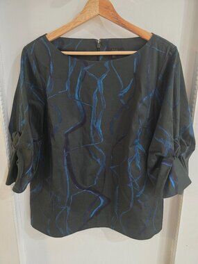 COS Green Blue Abstract Print Structured Blouse Women’s Size 10 3/4 Sleeve Top